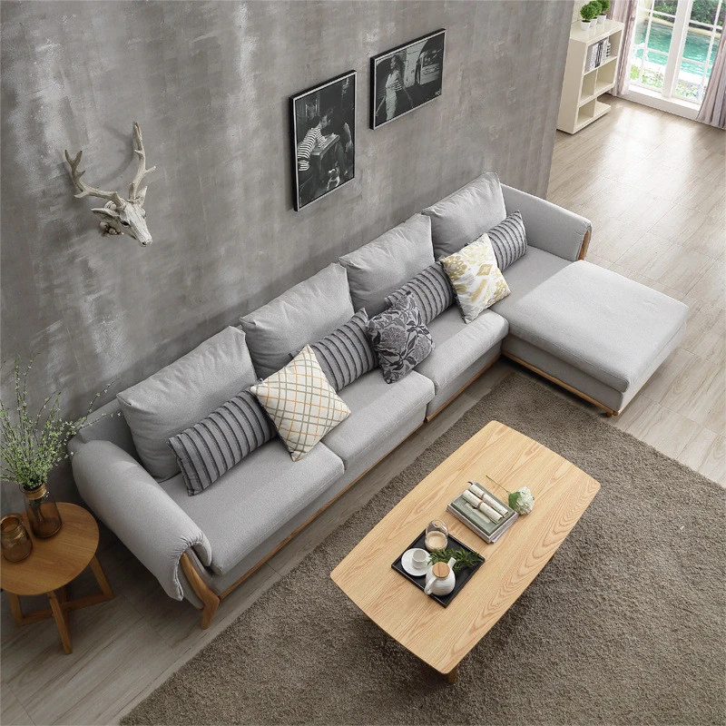 Ghế sofa góc đệm vải viền da gỗ sồi L22