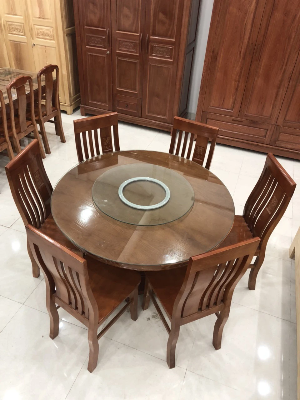 Bộ bàn ăn tròn 1m2, 6 ghế gỗ