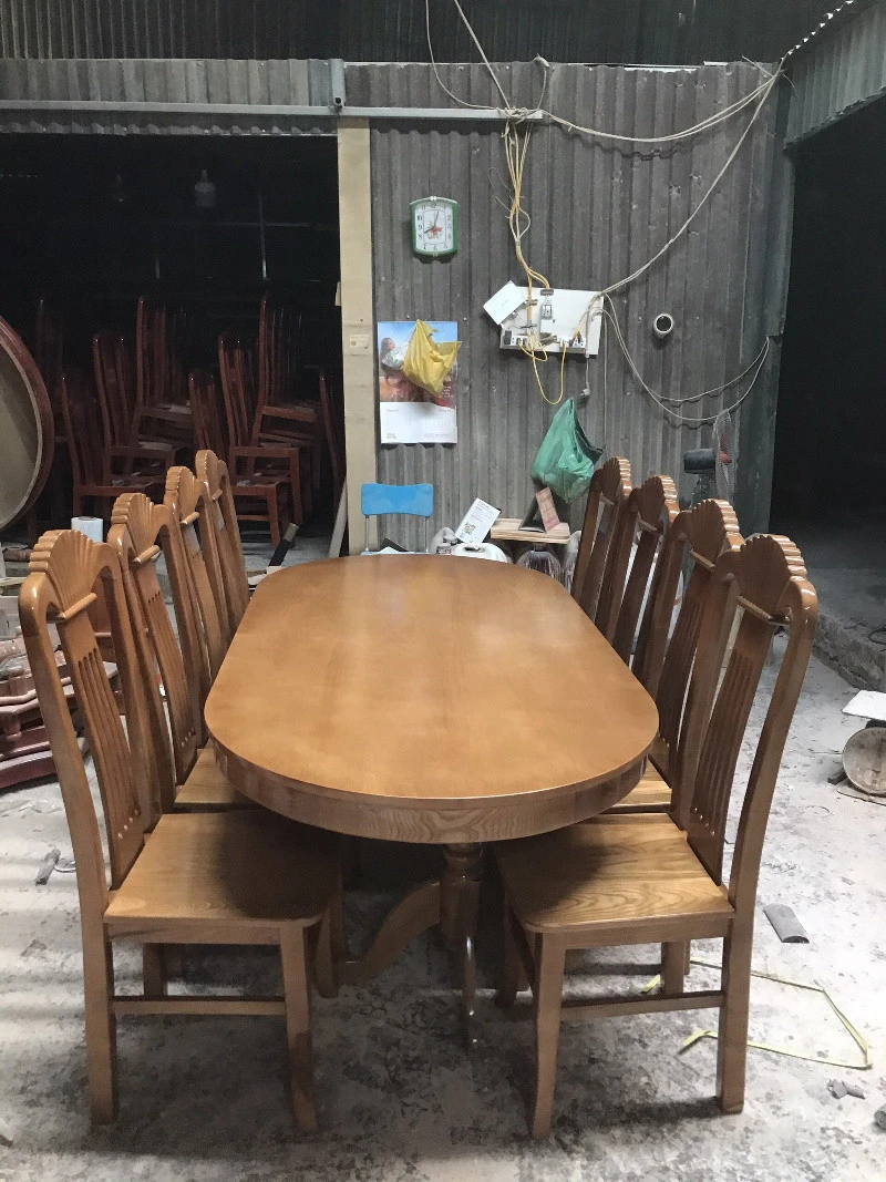 Bộ bàn ăn Oval 1m8, 8 ghế gỗ Sồi