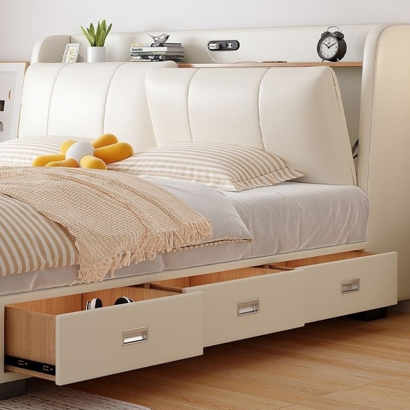 Giường ngủ gỗ bọc da kèm kệ đầu giường đa năng Pula PB47
