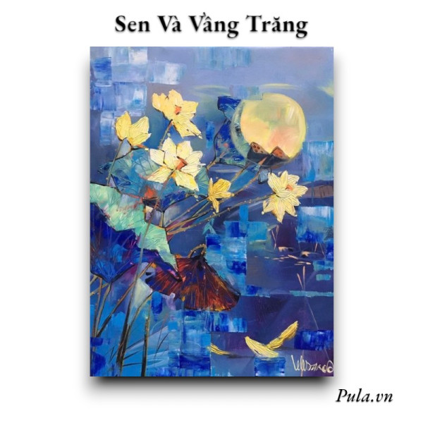 Tranh Sơn Dầu Nghệ Thuật Sen Và Vầng Trăng