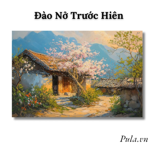 Tranh Sơn Dầu Phong Cảnh Đào Nở Trước Hiên