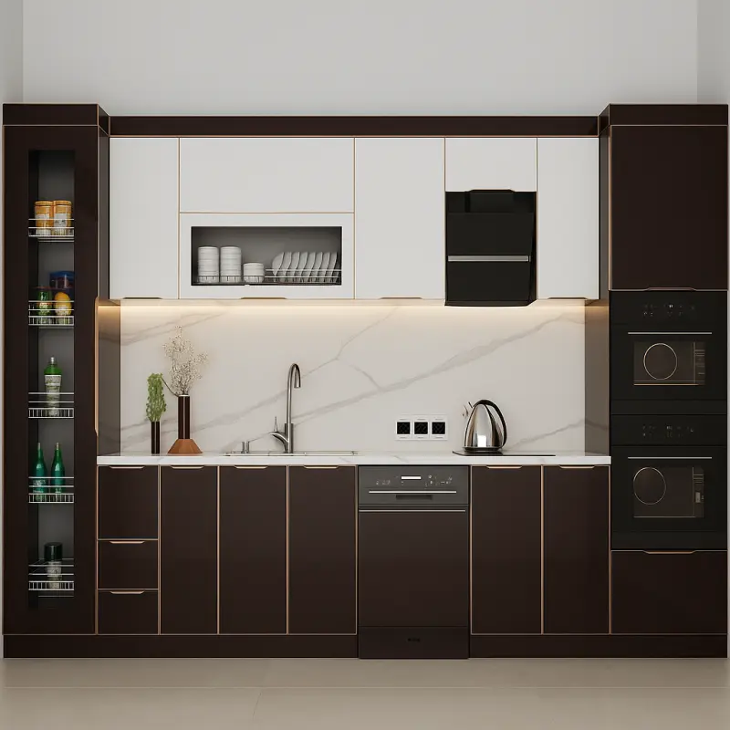 Tủ bếp inox cánh kính chữ I PKC06