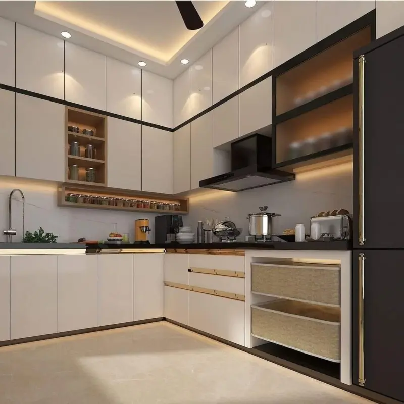 Tủ bếp inox cánh kính chữ L PKC05