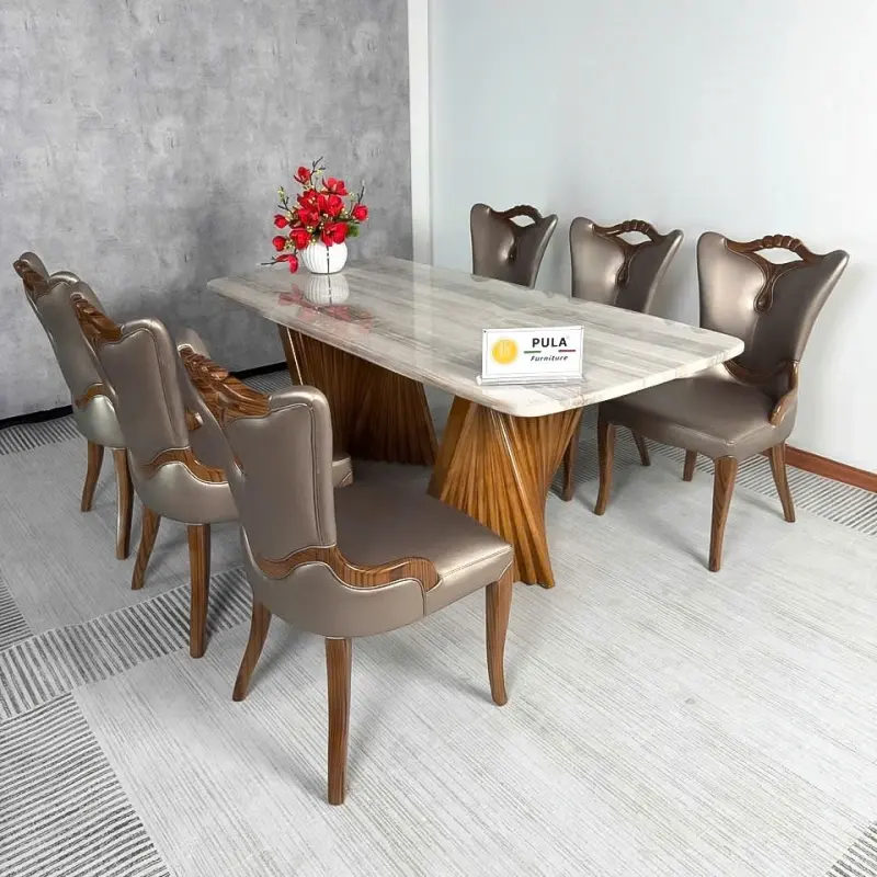 Bộ bàn đá tân cổ điển mặt đá 6 ghế BGA61 phiên bản vân ghi