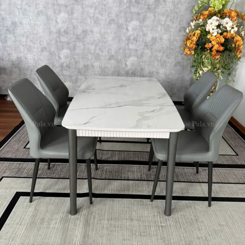 Bộ bàn ăn mặt đá 4 ghế da nhập khẩu BGA62