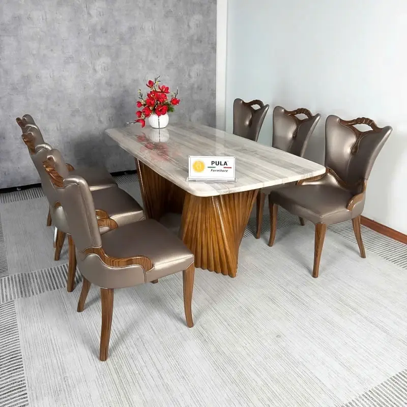 Bộ bàn đá tân cổ điển mặt đá 6 ghế BGA61 phiên bản trắng 