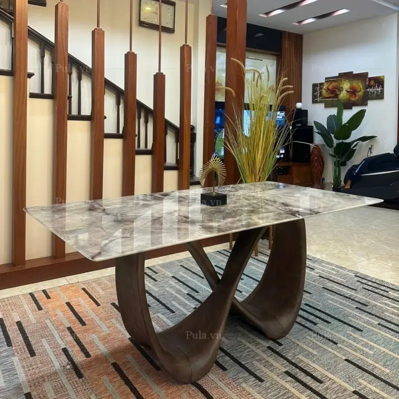 Bàn ăn chữ nhật mặt đá chân vô cực BA624 tại nhà khách ở Phạm Văn Đồng - HN
