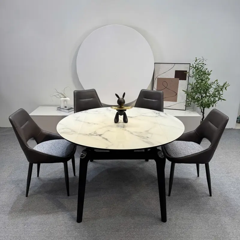 Bàn ăn thông minh mặt đá PSDT10 kết hợp với ghế ăn chân sắt bọc da 