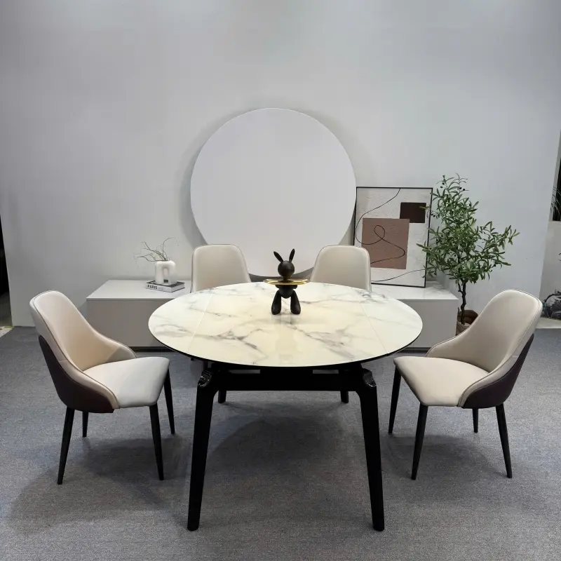 Bàn ăn thông minh mặt đá PSDT10 cùng ghế ăn bọc da 