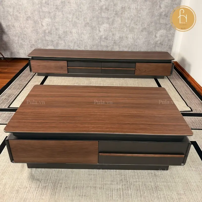 B&agrave;n tr&agrave; gỗ chữ nhật nhập khẩu BT116 v&agrave; kệ đồng m&agrave;u 