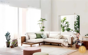 Đường nét mộc mạc, gần gũi là điểm nổi bật của sofa góc viền gỗ