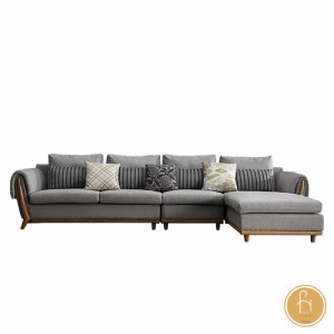 Ghế sofa góc đệm vải viền da gỗ sồi L22