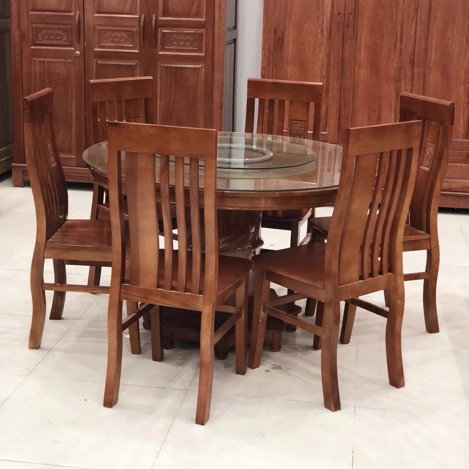 Bộ bàn ăn tròn 1m2, 6 ghế gỗ