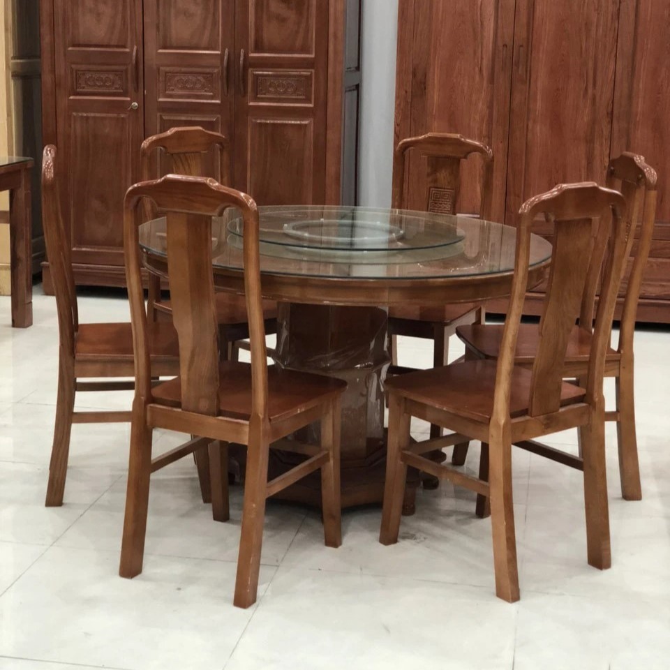 Bộ bàn ăn tròn 1m2, 6 ghế gỗ