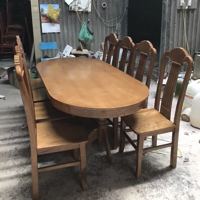 Bộ bàn ăn Oval 1m8, 8 ghế gỗ Sồi