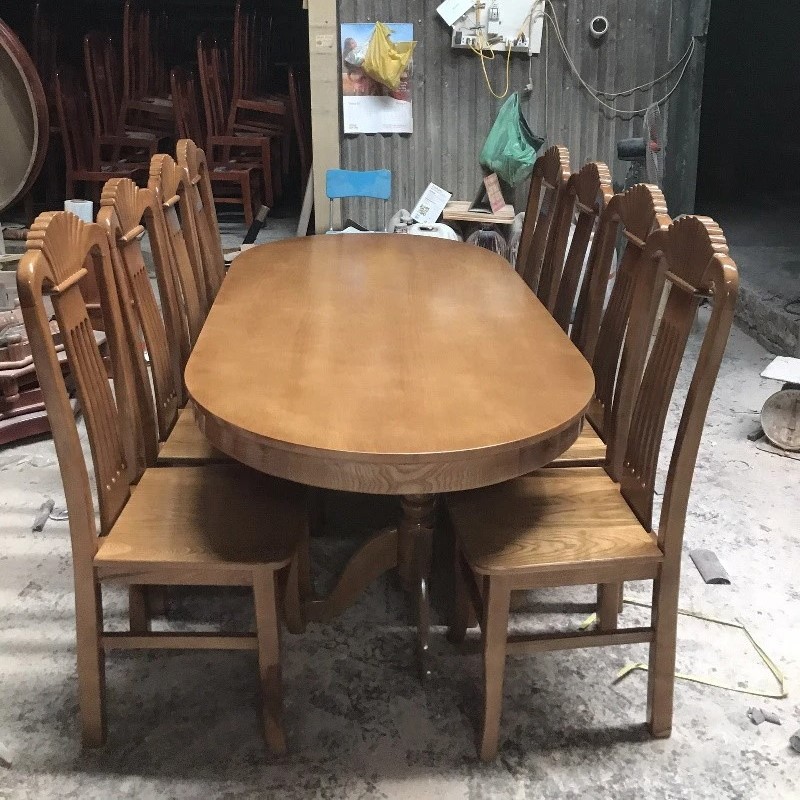 Bộ bàn ăn Oval 1m8, 8 ghế gỗ Sồi
