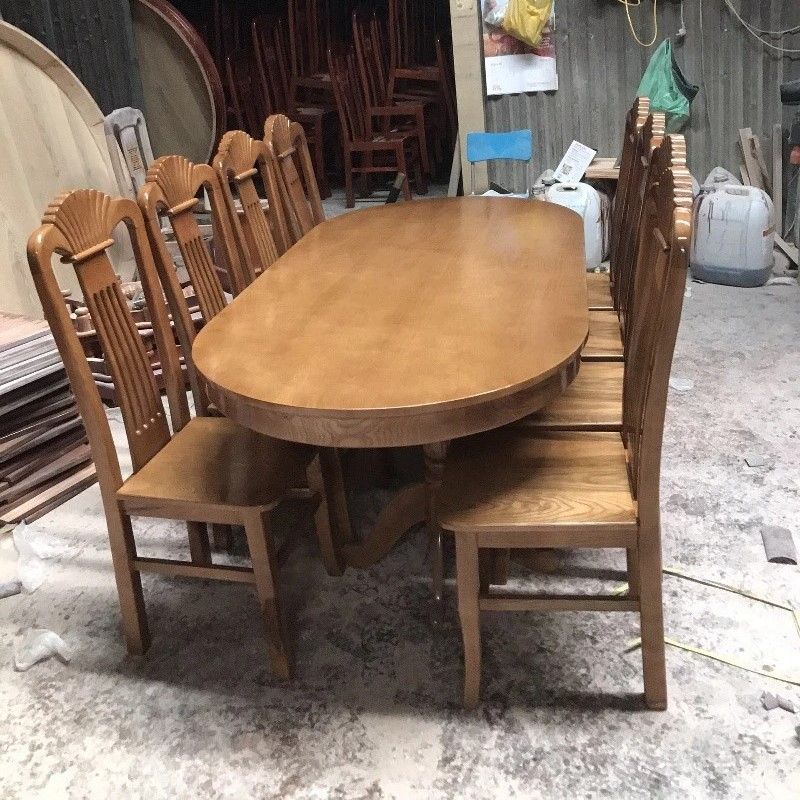 Bộ bàn ăn Oval 1m8, 8 ghế gỗ Sồi