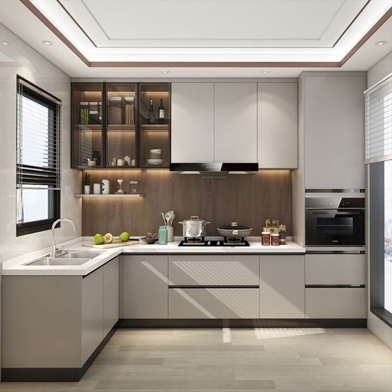 Tủ bếp inox cánh kính chữ L PKC01