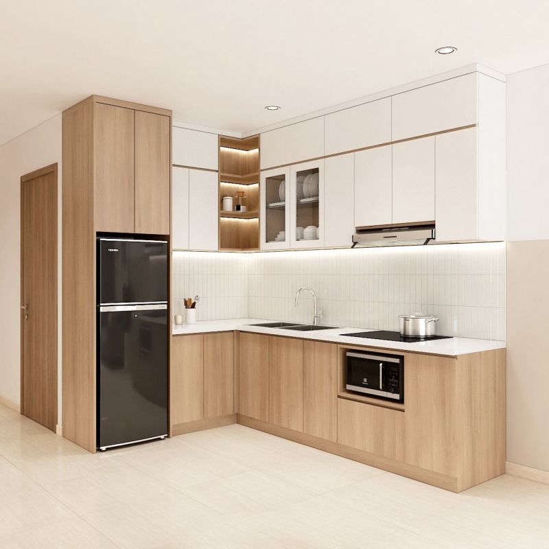 Tủ bếp gỗ công nghiệp cánh Laminate chữ L PKC23