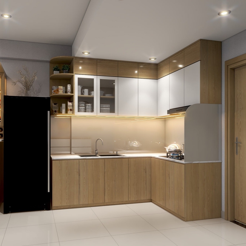 Tủ bếp gỗ công nghiệp cánh Melamine chữ L PKC31