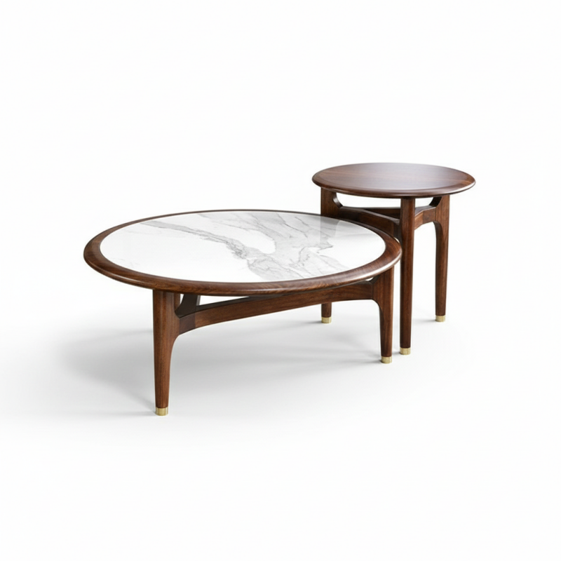 Bàn trà đôi viền gỗ mặt đá BT16