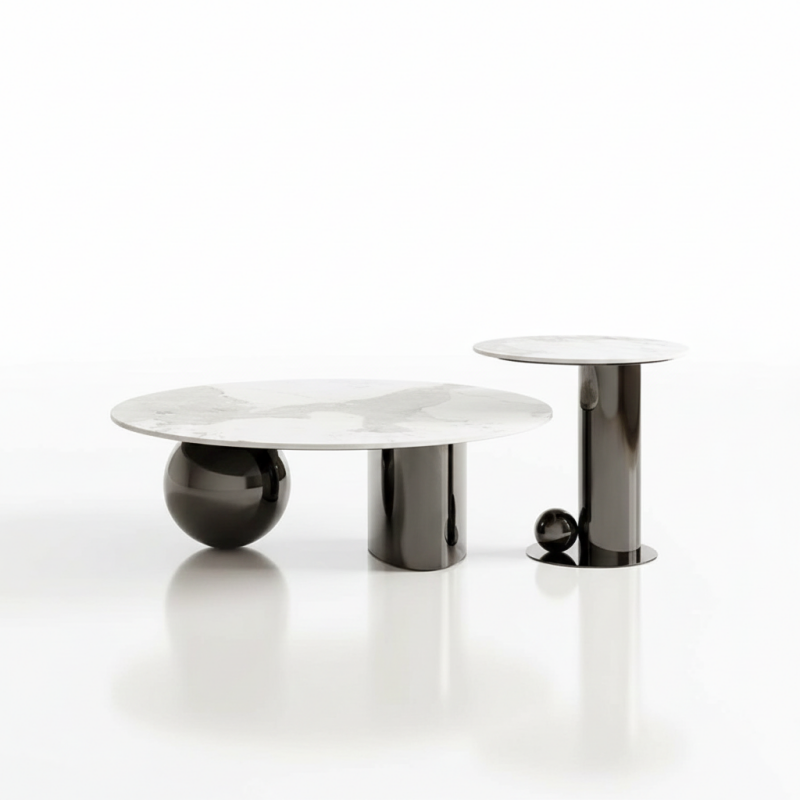 Bộ bàn trà tròn đôi mặt đá chân inox Pula BT75